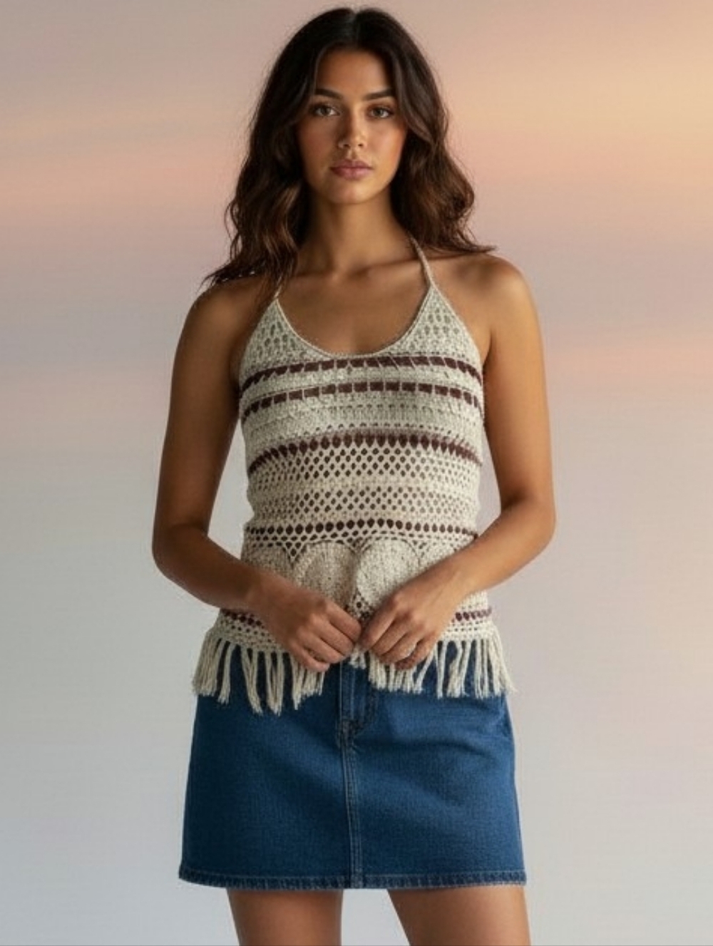 Full Tilt Crochet Fringed Hem Beige Red Tank Top Sz M Boho Festival Stagecoach